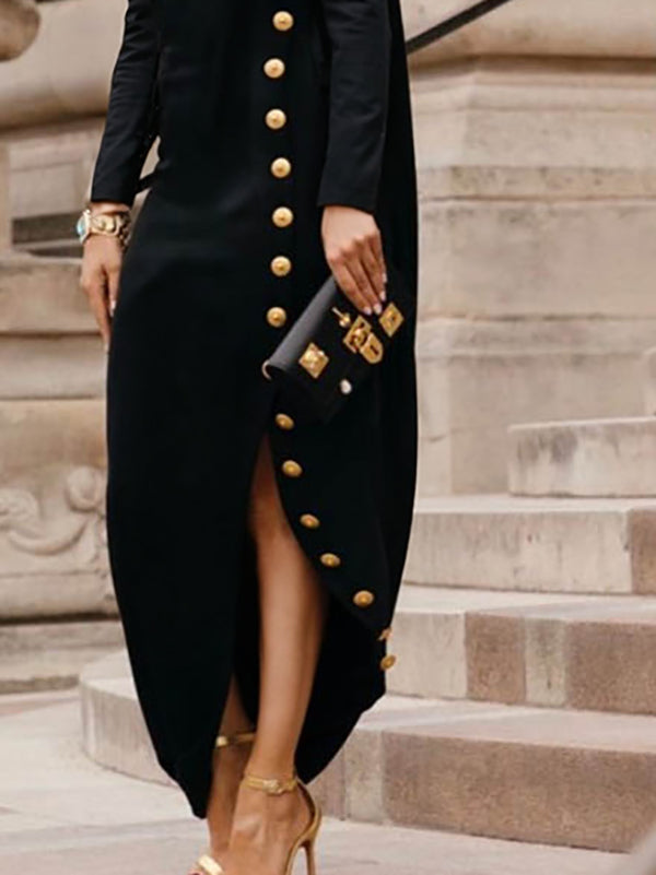 Long-sleeve loose asymmetric split-side mock-neck maxi dress for women - 3
