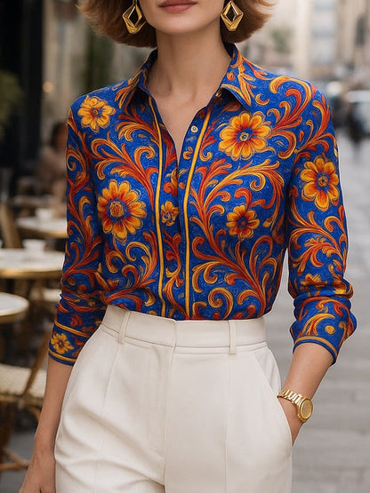 Long-sleeve buttoned flower print lapel blouse for women - 2
