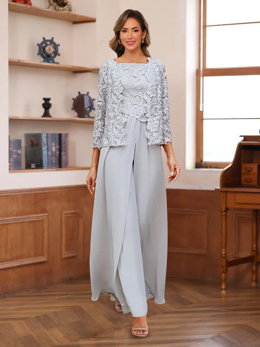Elegant lace chiffon square-neck pantsuit with jacket for women | Diana -1