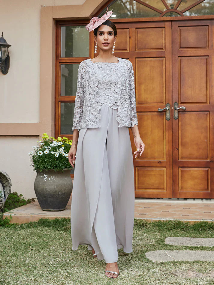 Elegant lace chiffon square-neck pantsuit with jacket for women | Diana -2
