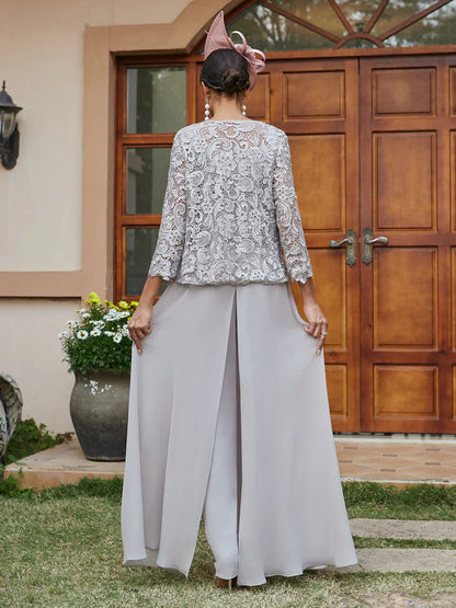 Elegant lace chiffon square-neck pantsuit with jacket for women | Diana -3