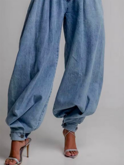 Loose buttoned zip solid denim jean trousers for women - 3