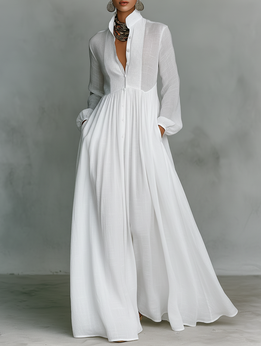 Minimalist patchwork high-collar maxi dress for women | Elindra -1
