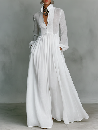 Minimalist patchwork high-collar maxi dress for women | Elindra -1