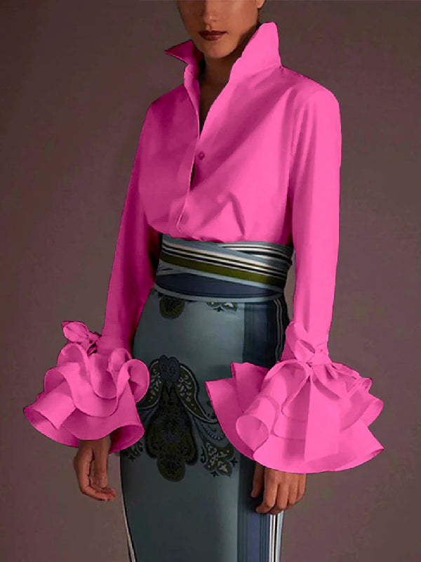 Flared-sleeve bow-embellished falbala lapel blouse for women - 4