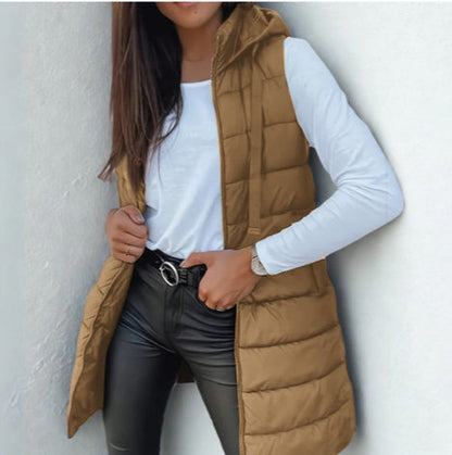 Casual Sleeveless Hooded Long Puffer Vest Stylish For Women | Elowise