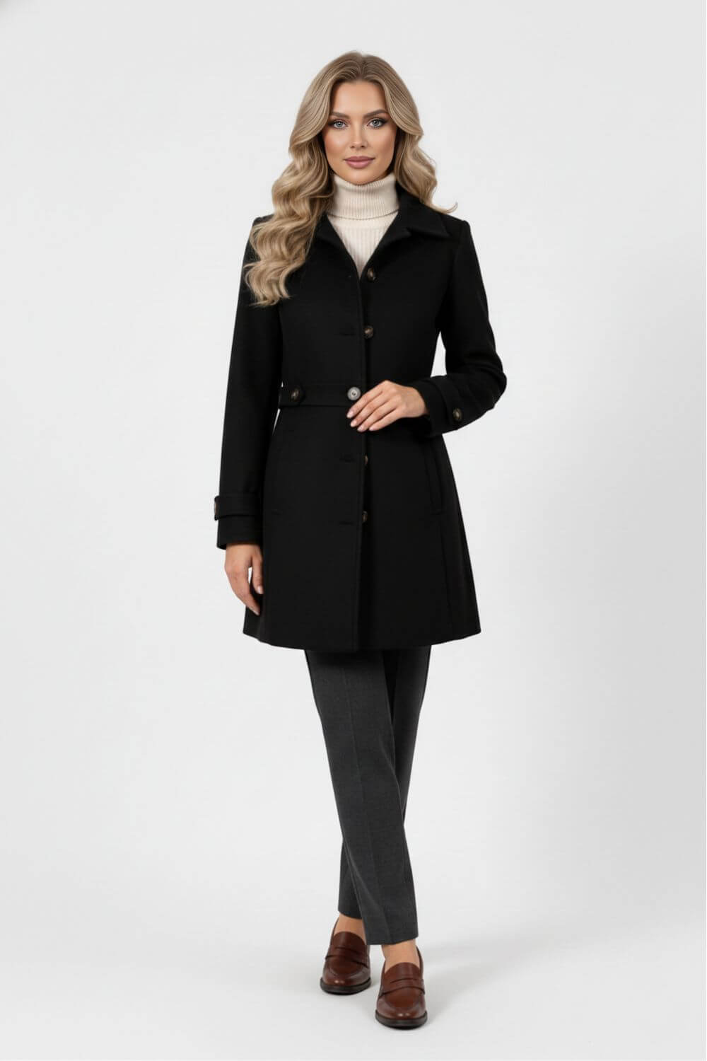 Belted Button Front Long Coat Stylish For Women | Mirevane