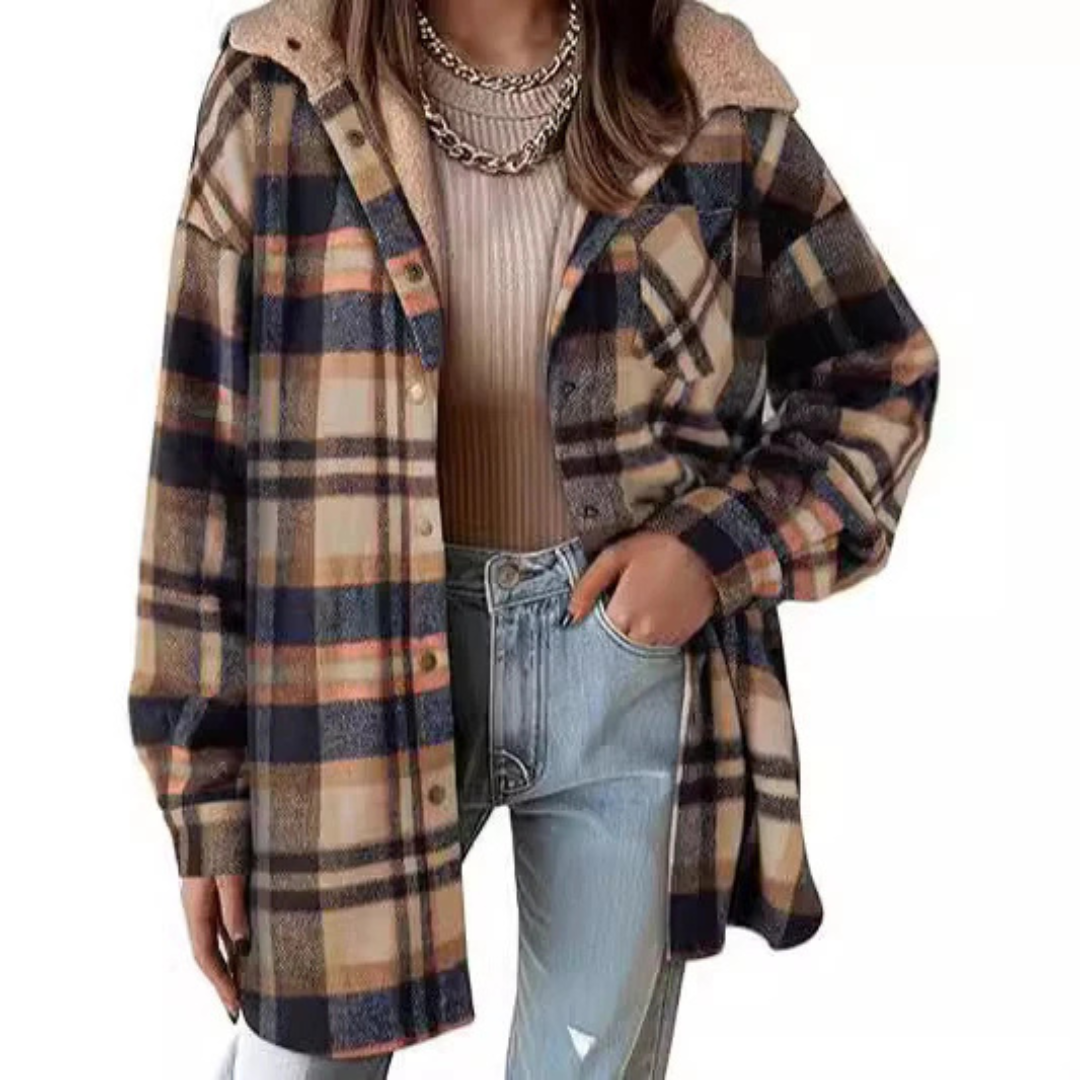 Relaxed Fit Hooded Plaid Jacket Stylish For Women | Brinley