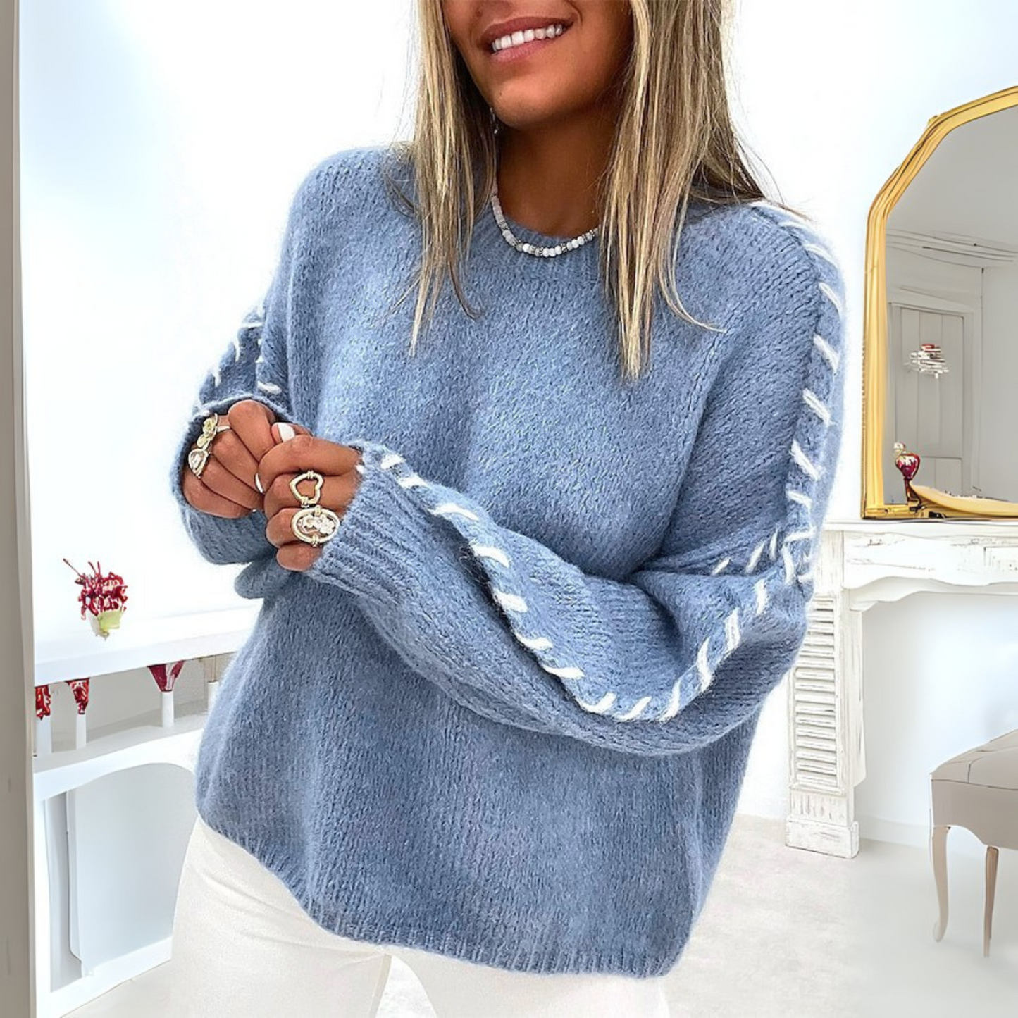 Cozy Long Sleeve Round Neck Sweater Refined For Women | Loraine