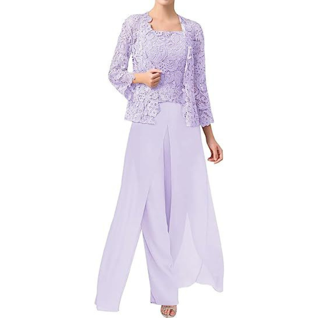 Elegant lace chiffon square-neck pantsuit with jacket for women | Diana -6