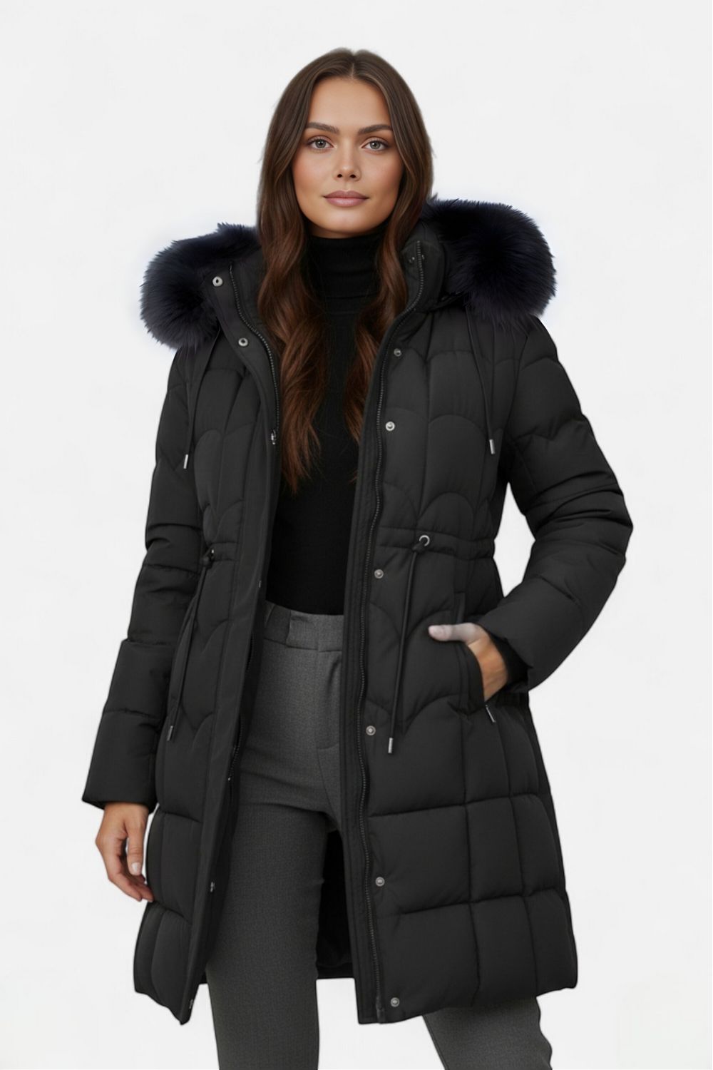 Elegant mid-length hooded drawstring coat for women -1