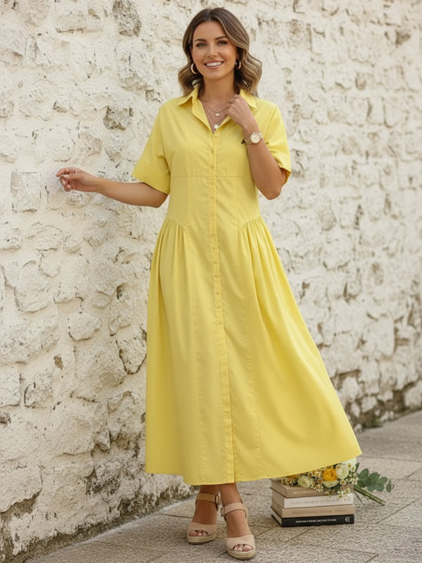 Short-sleeve loose pleated lapel midi shirt dress for women - 3