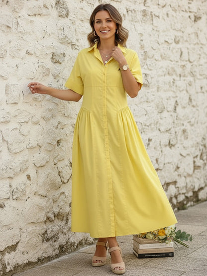 Short-sleeve loose pleated lapel midi shirt dress for women - 3