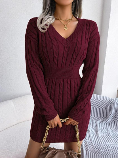 Cozy Long Sleeve V Neck Sweater Dress Chic For Women | Mirevalda