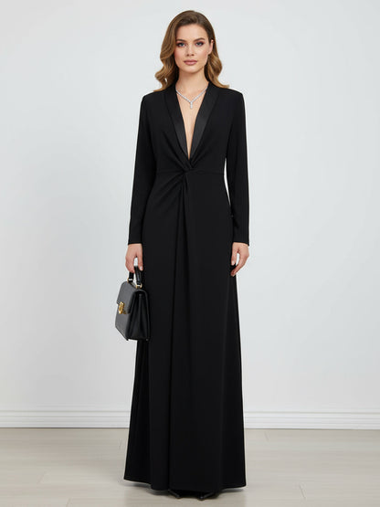 Long-sleeve skinny deep V-neck solid maxi dress for women - 2