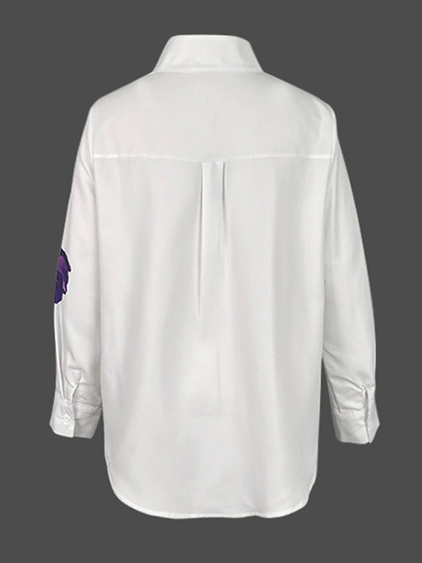 Long-sleeve loose flower print stand-collar blouse for women - 6
