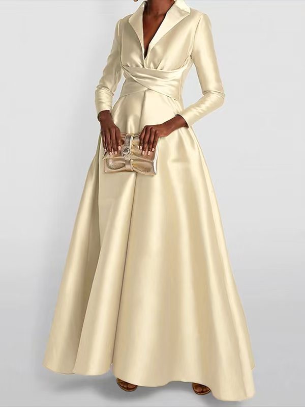A-line high-waist pleated V-neck solid maxi dress for women - 8
