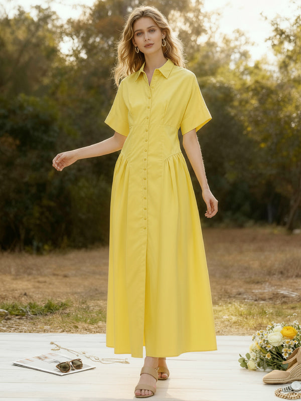 Short-sleeve loose pleated lapel midi shirt dress for women - 5