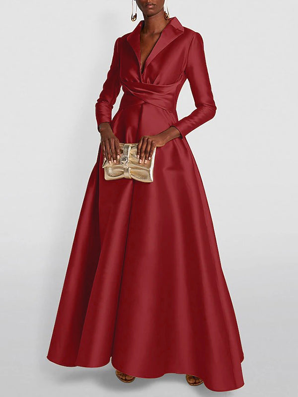 A-line high-waist pleated V-neck solid maxi dress for women - 3