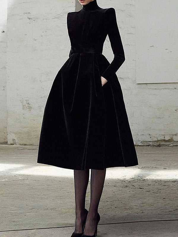 Long-sleeve skinny solid high-neck midi dress for women - 1