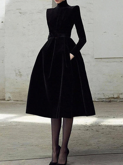 Long-sleeve skinny solid high-neck midi dress for women - 1