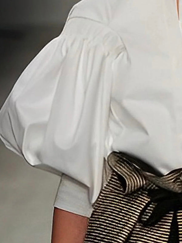 Puff-sleeve buttoned solid-colour blouse for women - 8