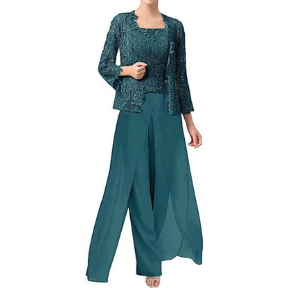 Elegant lace chiffon square-neck pantsuit with jacket for women | Diana -7