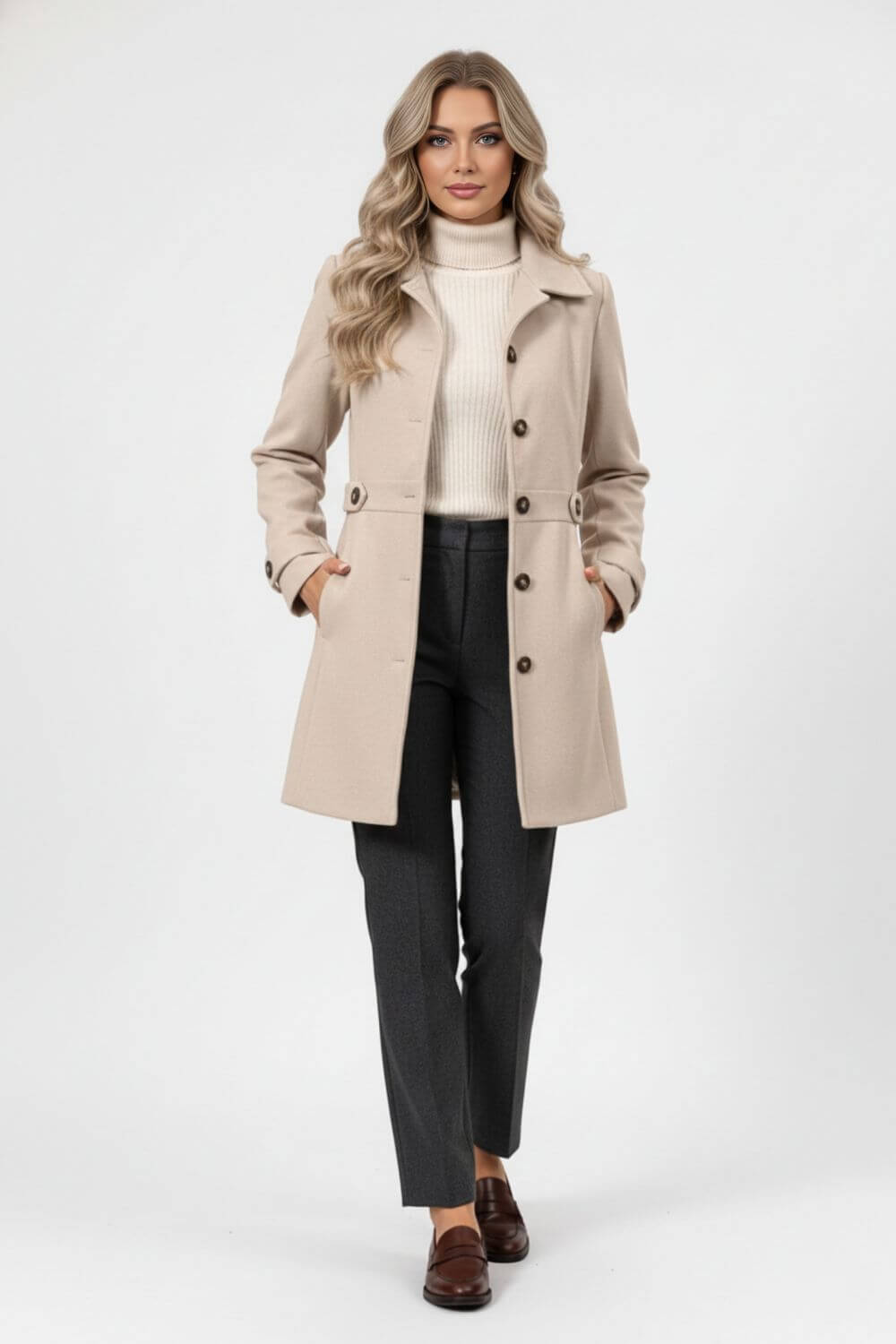 Elegant belted coat with button front for women | Caurelle
