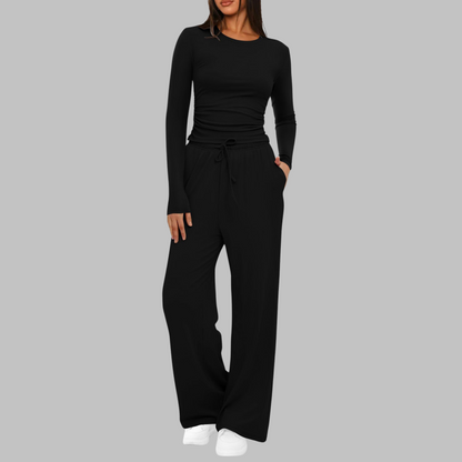 Casual Long Sleeve Top And Wide Leg Trousers Set Stylish For Women | Eloria
