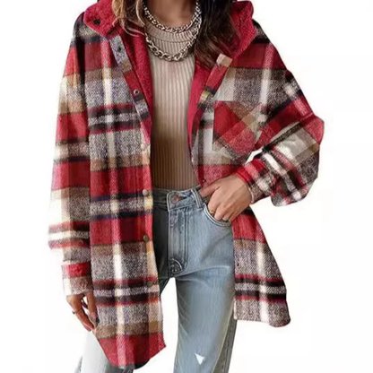 Relaxed Fit Hooded Plaid Jacket Stylish For Women | Brinley