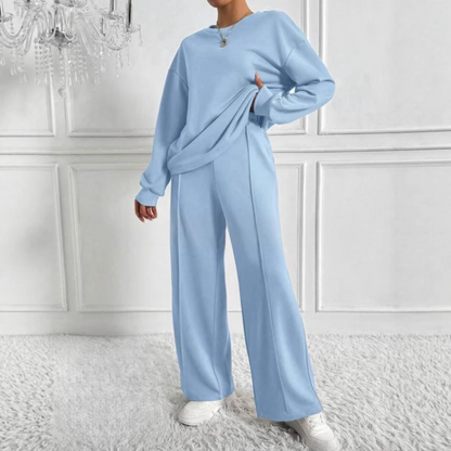 Casual Long Sleeve Sweatshirt And High Waist Trousers Set Trendy For Women | Veloura
