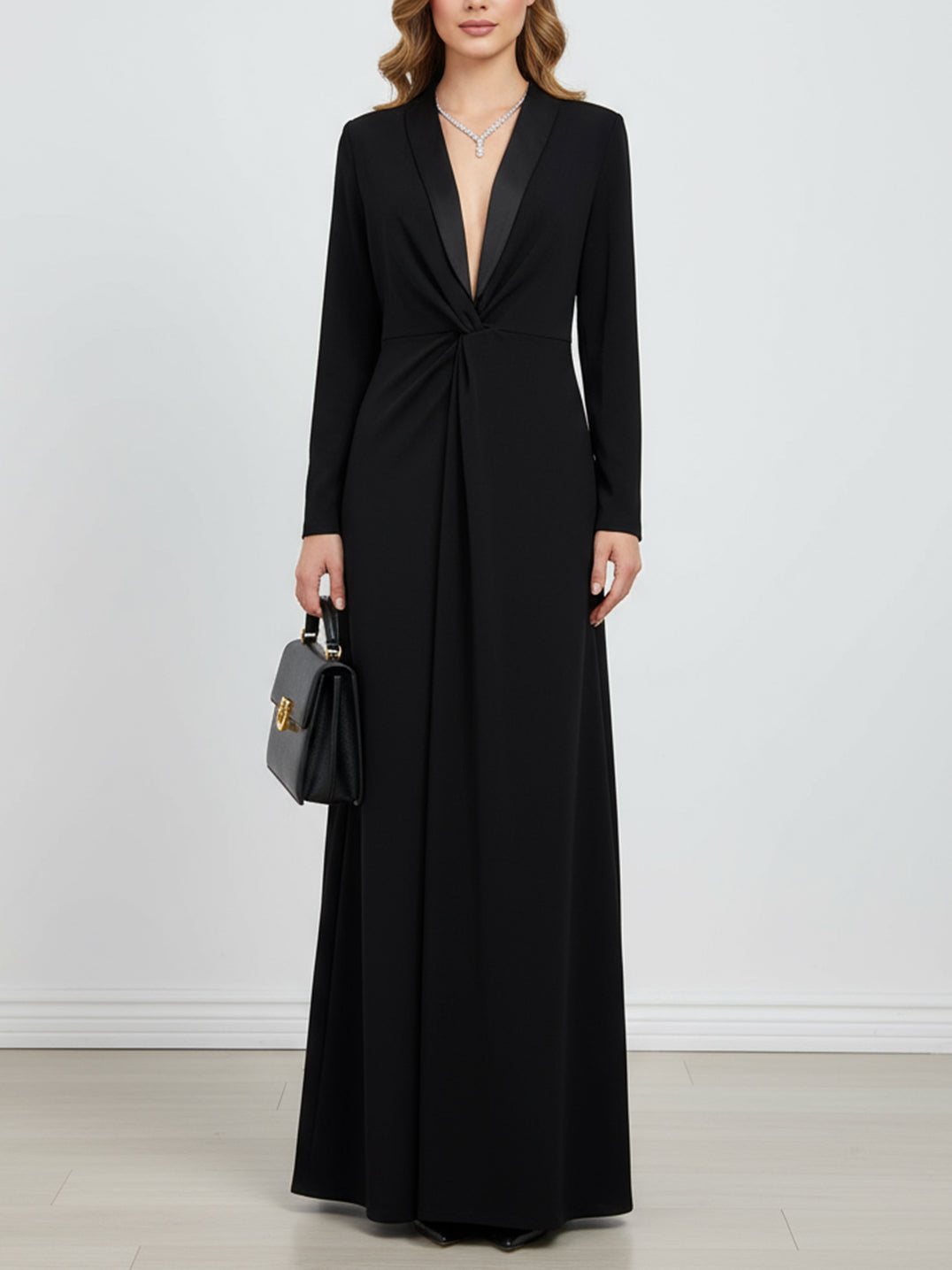 Long-sleeve skinny deep V-neck solid maxi dress for women - 1
