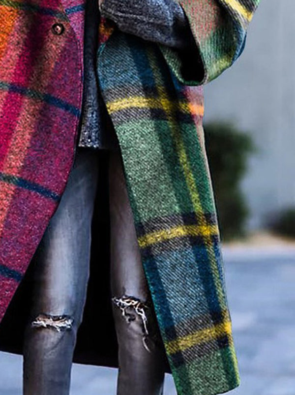 Three-quarter sleeve contrast plaid wool blend coat for women - 7