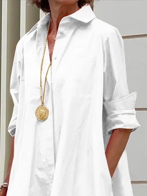 Long-sleeve loose solid lapel collar midi shirt dress for women - 4