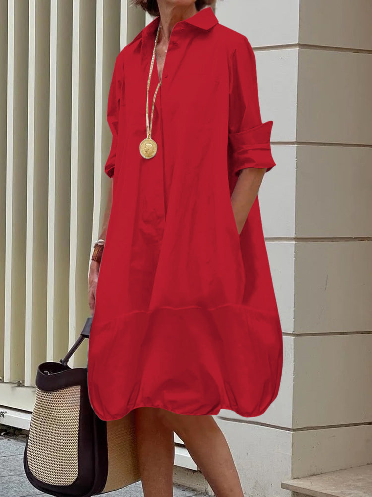 Long-sleeve loose solid lapel collar midi shirt dress for women - 8