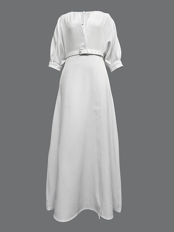 Half-sleeve loose belted deep V-neck solid maxi dress for women - 5