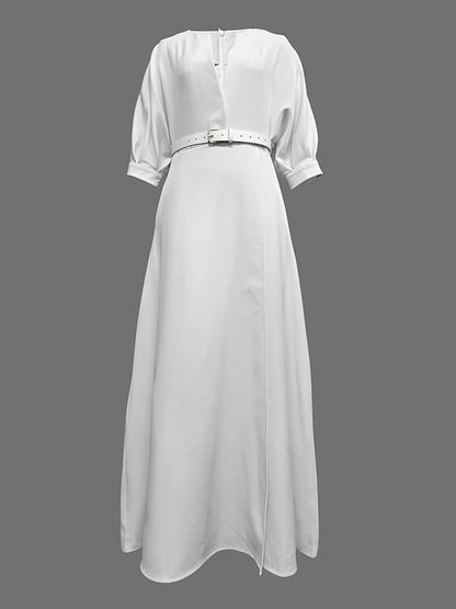 Half-sleeve loose belted deep V-neck solid maxi dress for women - 5