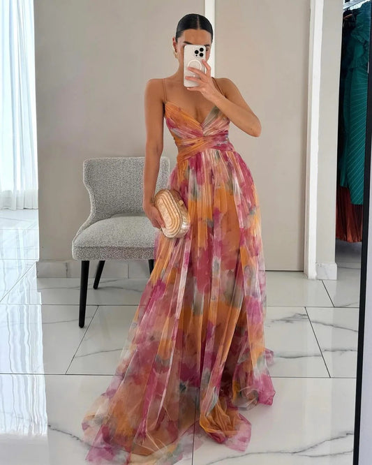 Floral summer maxi dress with adjustable closure for women | Bella - 1
