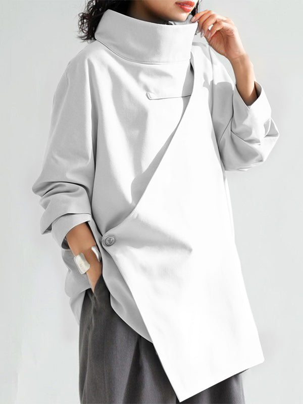 Long-sleeve loose solid high-neck everyday top for women - 7
