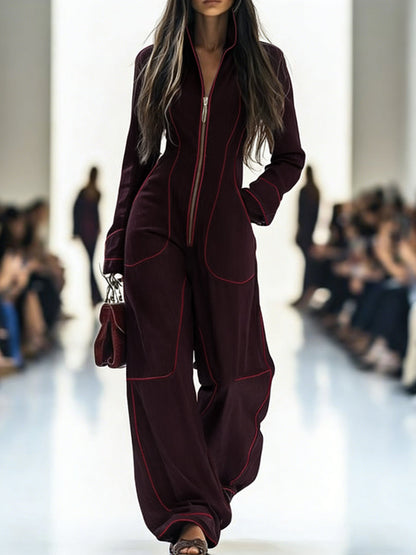 Wide-leg long-sleeve zip stand-collar jumpsuit for women - 6