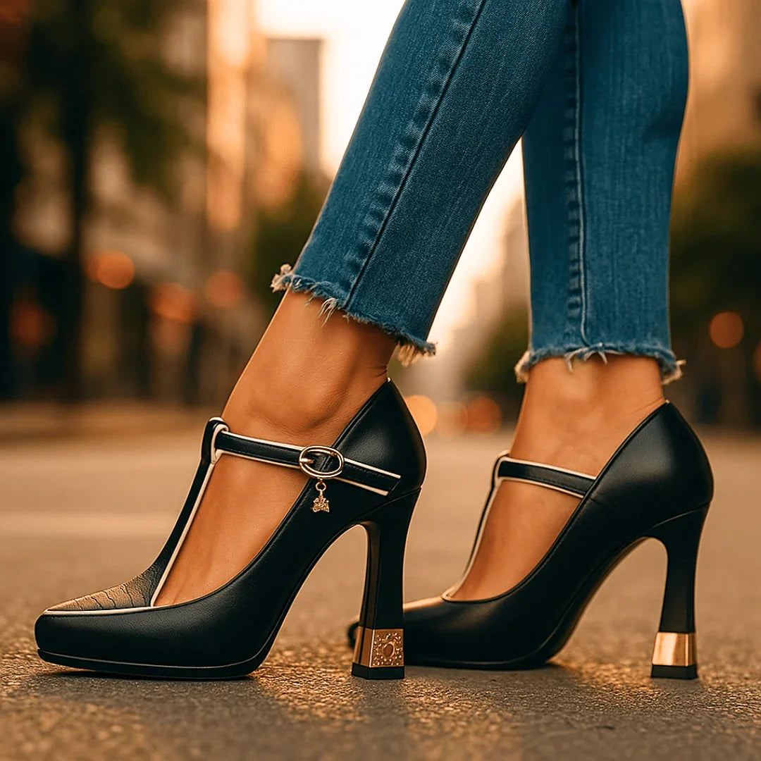 Elegant T-strap heels with studded block heel for women | Vivienne