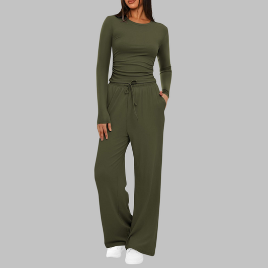 Casual Long Sleeve Top And Wide Leg Trousers Set Stylish For Women | Eloria