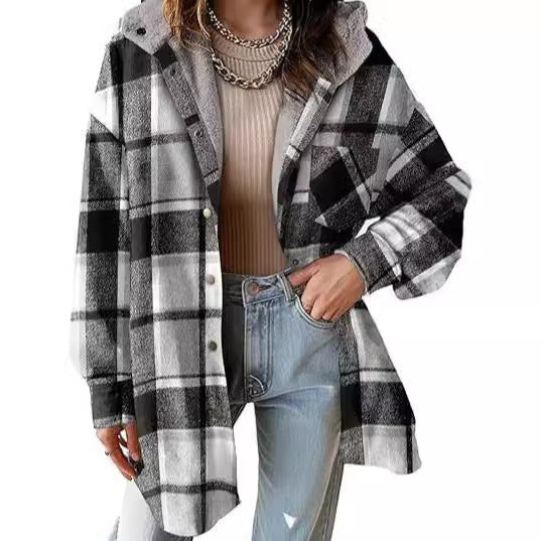 Relaxed Fit Hooded Plaid Jacket Stylish For Women | Brinley