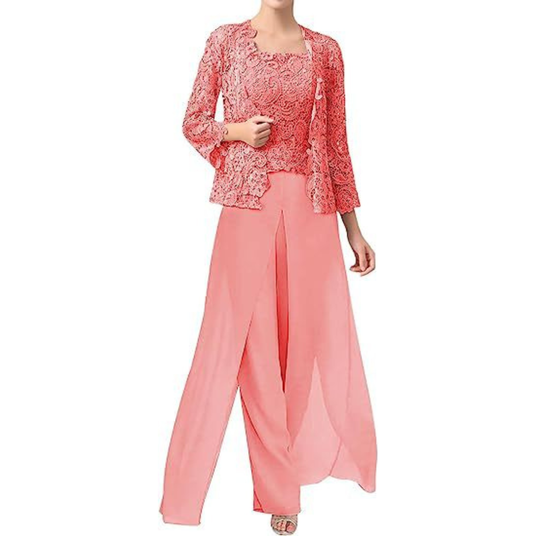 Elegant lace chiffon square-neck pantsuit with jacket for women | Diana -8
