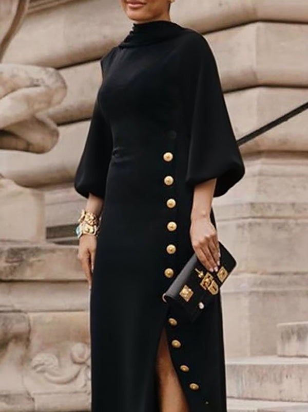 Loose puff-sleeve buttoned mock-neck maxi dress for women - 2