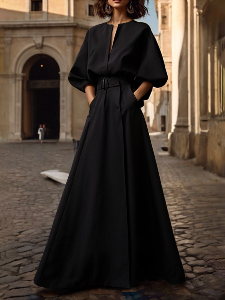 Half-sleeve loose belted deep V-neck solid maxi dress for women - 3