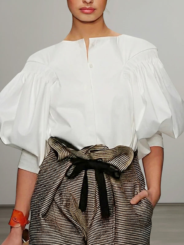 Puff-sleeve buttoned solid-colour blouse for women - 1