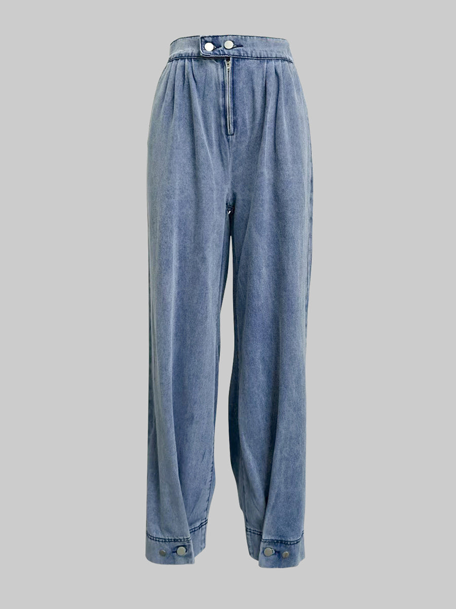 Loose buttoned zip solid denim jean trousers for women - 4