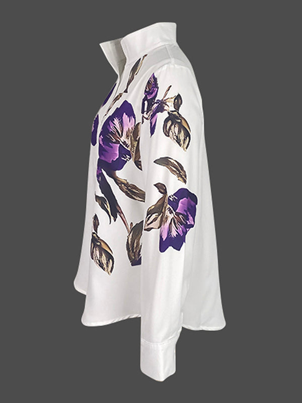 Long-sleeve loose flower print stand-collar blouse for women - 5