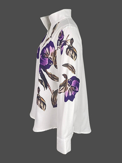 Long-sleeve loose flower print stand-collar blouse for women - 5